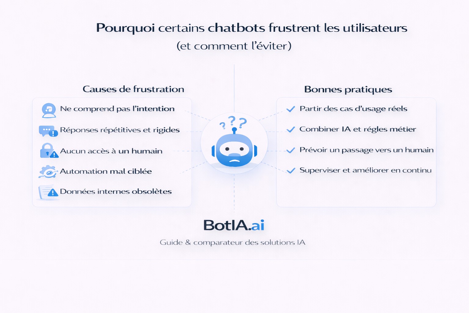 Infographie expliquant les principales causes de frustration li&eacute;es aux chatbots IA et les bonnes pratiques pour am&eacute;liorer l&rsquo;exp&eacute;rience utilisateur.