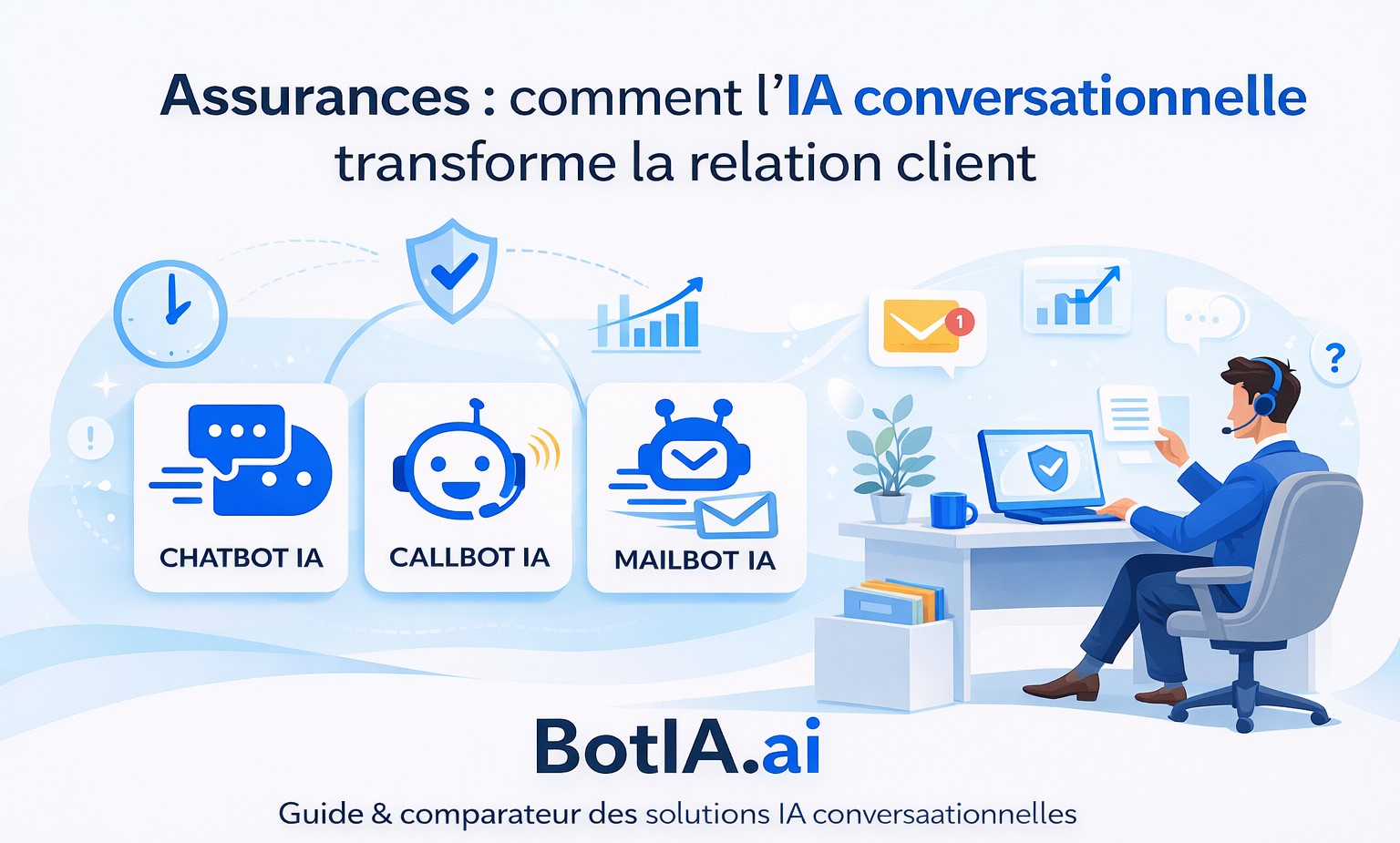 Illustration montrant l’impact de l’IA conversationnelle dans l’assurance : chatbot IA, callbot IA et mailbot IA au service de la relation client.